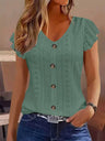 Jacquard Hollow Out Lotus Leaf Sleeves Buttons Crew Neck T-shirts