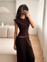 Crew Neck Sleeveless Cardigan Vest Wide-leg Pants Knitting Set 2-piece Sets