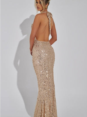 Sequined Deep V Halter Neck Bodycon Dress With Slightly Revealing Back