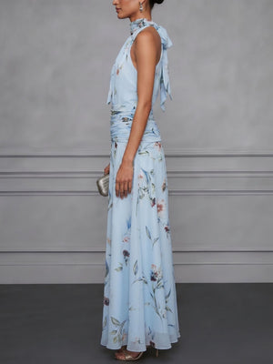 Halter Printed Temperament Waist Parties Maxi Dresses
