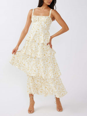 Floral Print Pleats On Suspenders Maxi Dresses