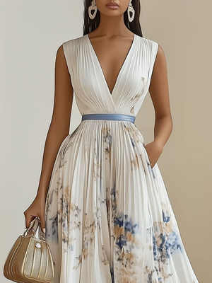 V-neck Sleeveless Pleated Floral Print Maxi Dresses