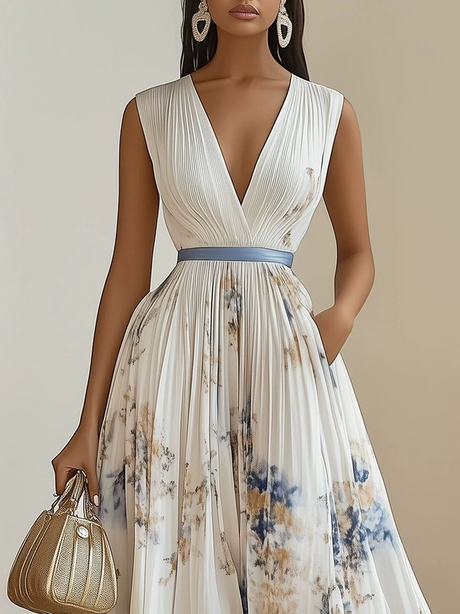 V-neck Sleeveless Pleated Floral Print Maxi Dresses