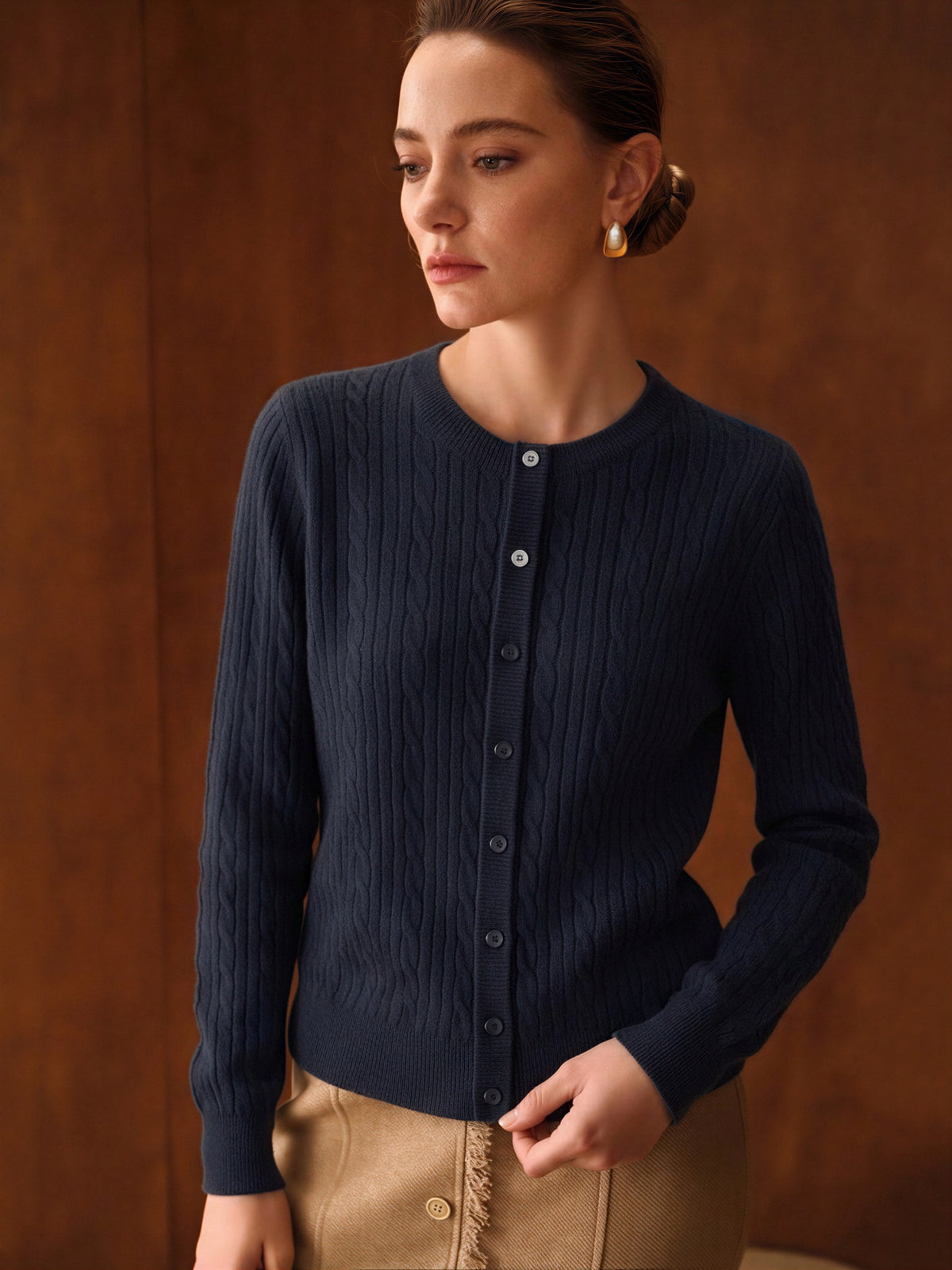 Wool Blend Cable Knit Crew Neck Single-breasted Cardigan