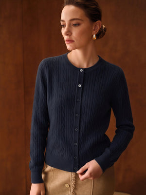 Wool Blend Cable Knit Crew Neck Single-breasted Cardigan