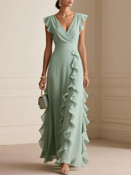 Solid Color Pleated Short Sleeve V-neck Chiffon Long Dress