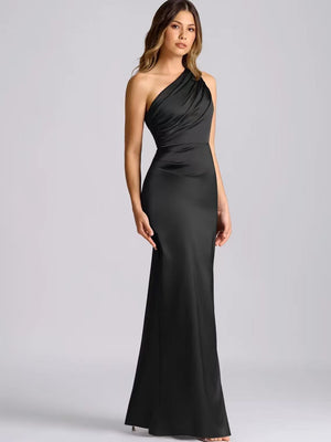 Asymmetrical Shoulder Pleated Satin Solid Color Maxi Dresses
