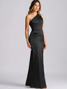 Asymmetrical Shoulder Pleated Satin Solid Color Maxi Dresses