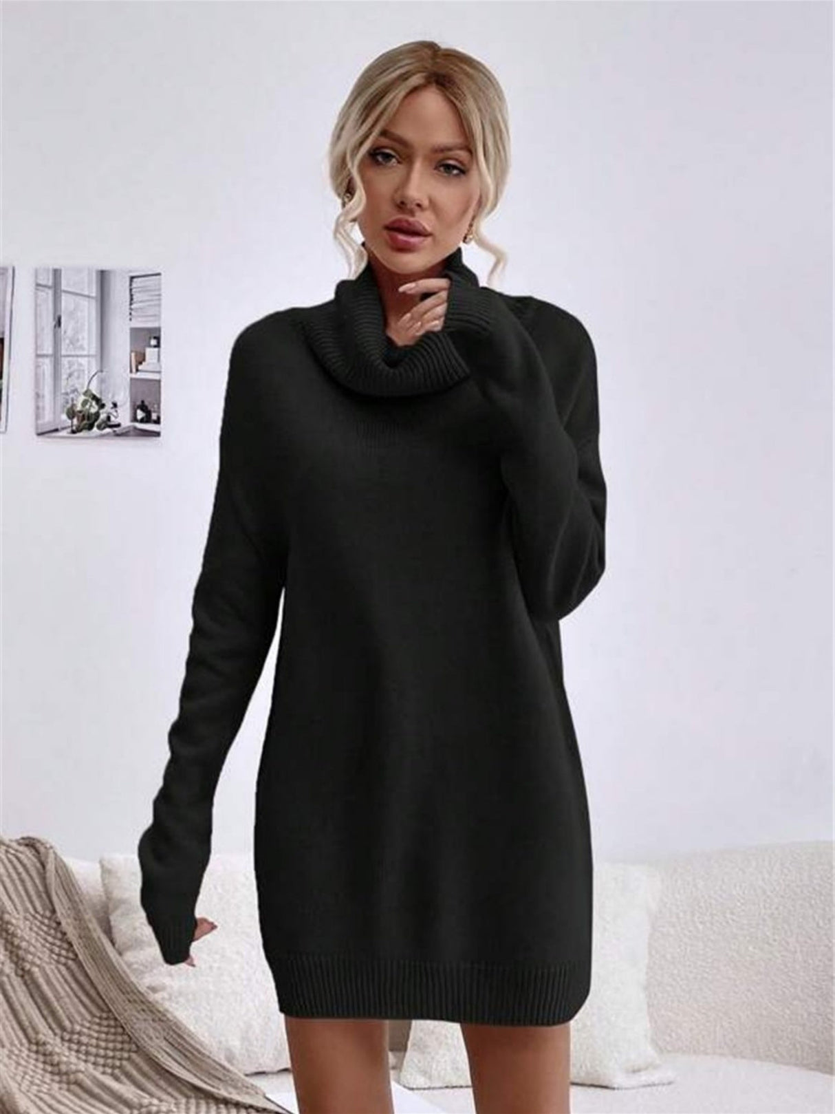 High-necked Long-sleeved Waist-cinching And Hip-hugging Knitted Sweaters Midi Dresses