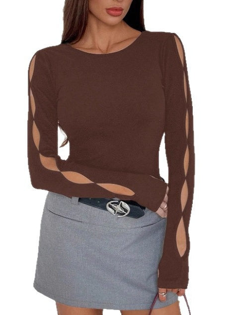 Sexy Long-sleeved Round Neck Solid Color Hollow-out T-shirt
