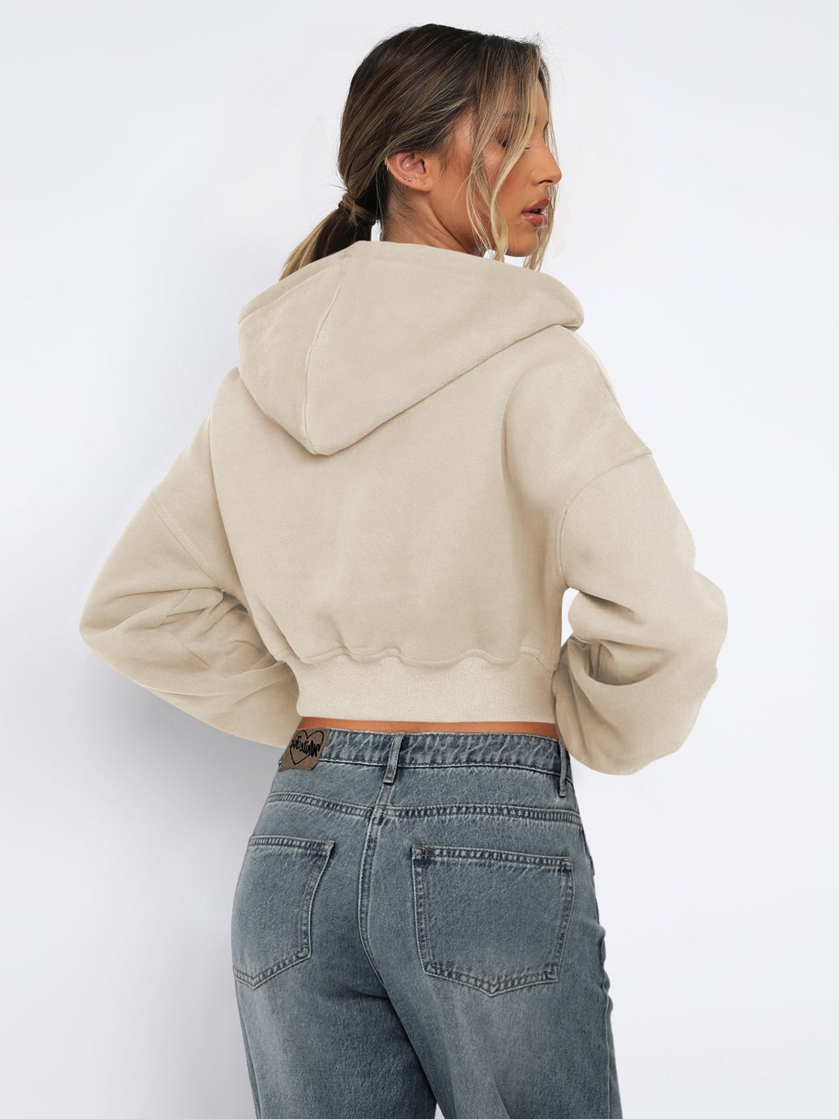 Women's Autumn/Winter Solid Color Zipper Cardigan Long Sleeve Short Hooded Sweatshirt