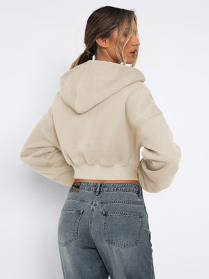 Women's Autumn/Winter Solid Color Zipper Cardigan Long Sleeve Short Hooded Sweatshirt