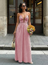 Stripes Color-blocked Splicing V-neck Hollow Maxi Dresses