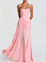 Pleated Waist-cinching And Backless Fish Tail Low-cut Halter Top Maxi Dresses