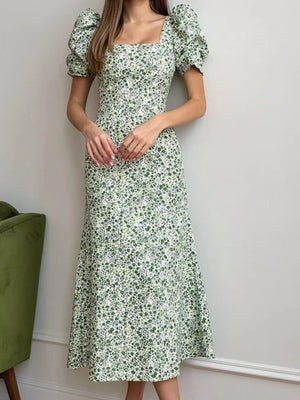 Floral Print Square Neckline And Puff Sleeves Maxi Dresses