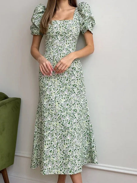 Floral Print Square Neckline And Puff Sleeves Maxi Dresses