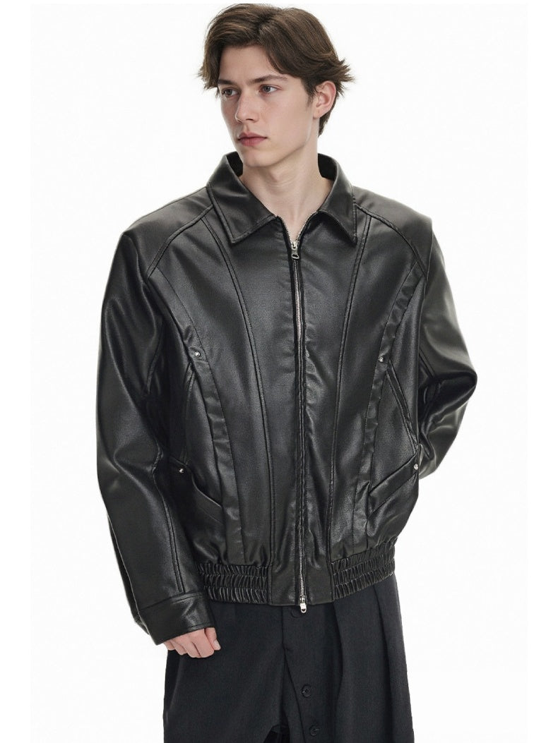 Retro Locomotive Cleanfit Deconstruction Splicing Leather Jacket