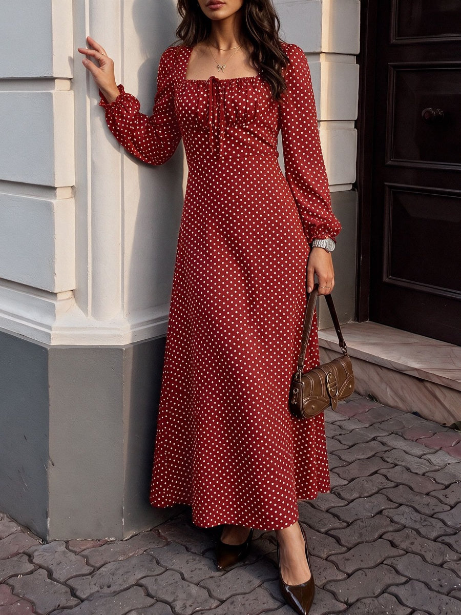 Lace-up Zipper, Polka Dots Polka Dots Maxi Dresses