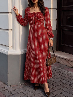 Lace-up Zipper, Polka Dots Polka Dots Maxi Dresses