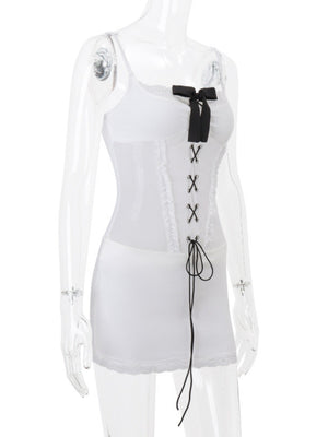 Bow Tie Lace Patchwork Camisoles Mini&Short Dresses