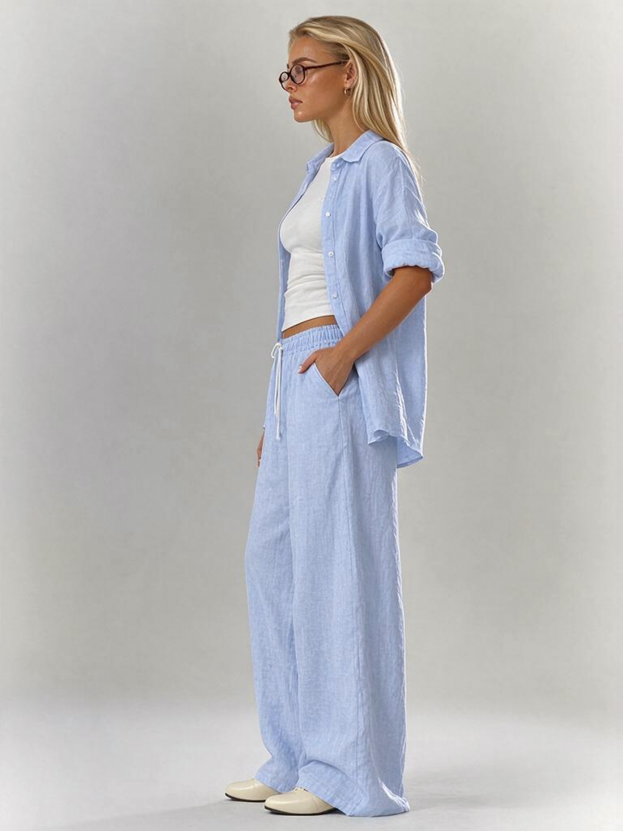 Solid Color Shirt And Trousers Set, Long-sleeved Shirt And Loose Trousers, Two-piece Set