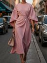 Solid Color Fitted Waist Dress, Casual Batwing Sleeve Long Skirt