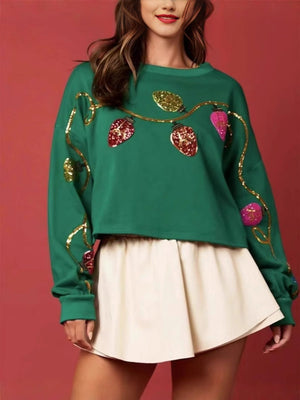 Women's Christmas Bell Sequin Top Casual Long Sleeve Short Pullover Sweatshirt