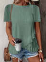 Jacquard Hollow Out Ruffle Crew Neck Short Sleeve T-shirts