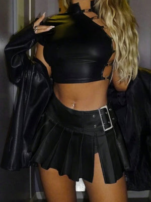 Leather Stitching Slit Pleated Skirts