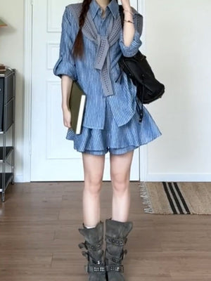 Korean Style Simple And Gentle Navy Striped Two-piece Set