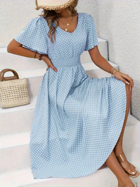 Polka Dots V-neck Waist Shaping Short Sleeves Maxi Dresses