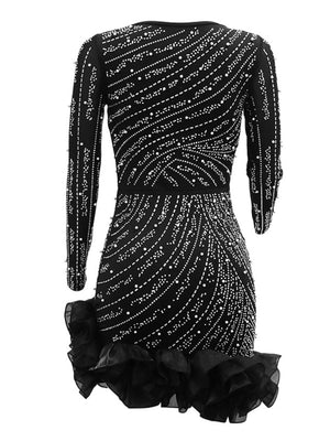 Robe de soirée transparente à manches longues et col carré, ornée de strass thermocollants et de perles 3D, disponible en version mini et courte.