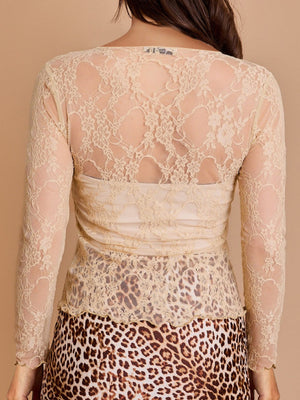 Lace See-through Sexy Mesh Off-the-shoulder Neckline Long-sleeved Top