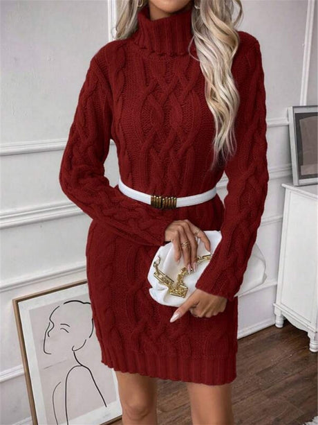 Twisted Thread Turtleneck Knitted Sweaters Midi Dresses