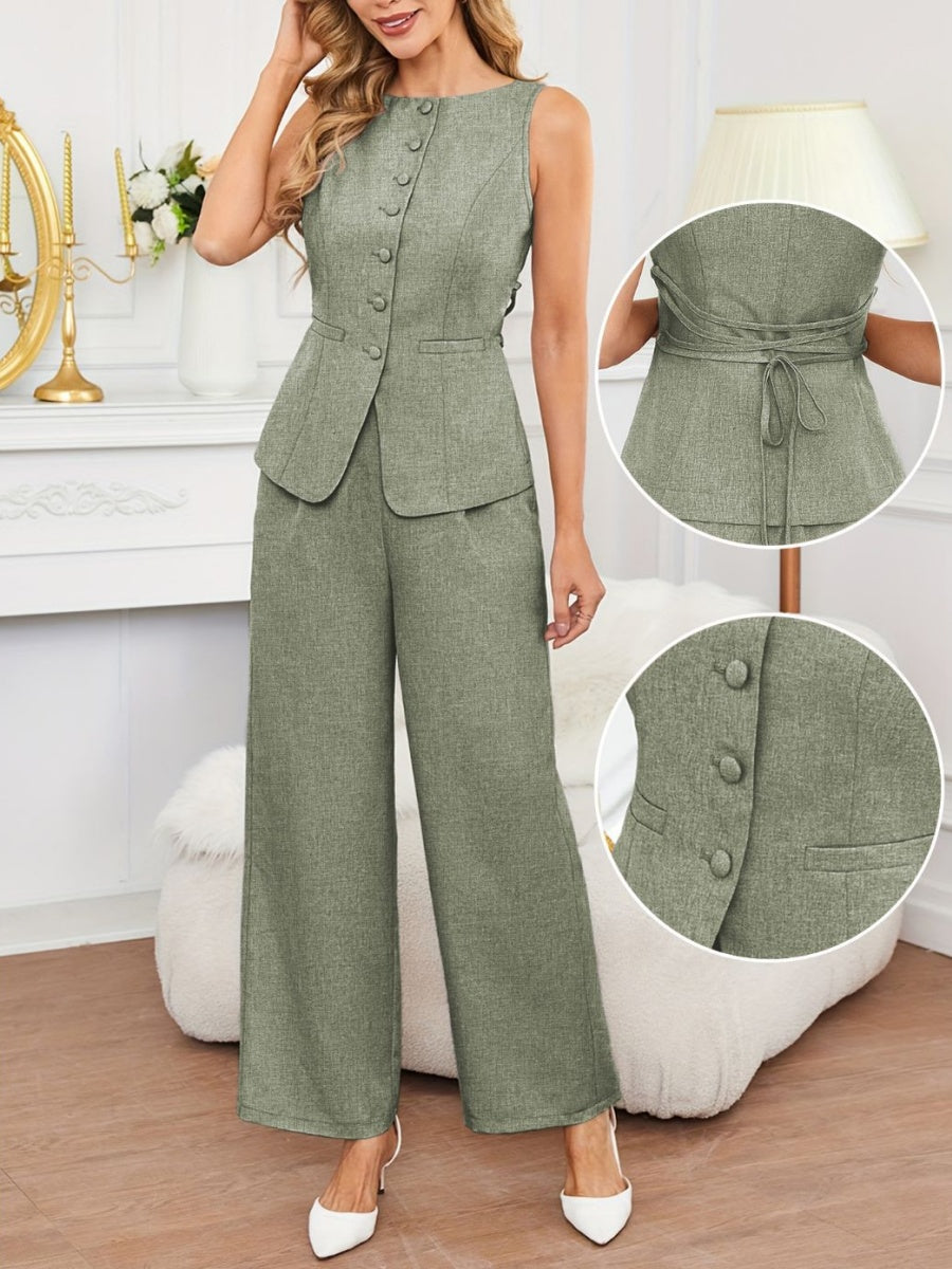 Sleeveless Waist Jacket Wide-leg Pants Commuting 2-piece Sets
