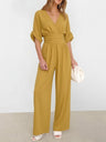 V-neck Waist Mid-length Sleeves Wide Leg Temperament Commuting Jumpsuits