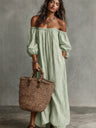 Striped Off-the-shoulder Linen Resort-style Long-sleeved Dress