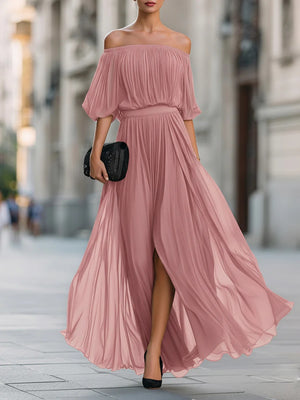 Off Shoulder Elegant Pleats Solid Color Slit Maxi Dresses
