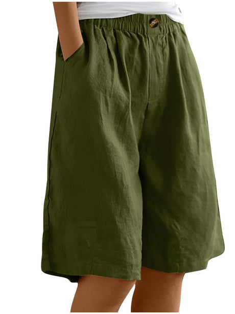 Button-down Cotton Linen Loose High-waisted Five-point Shorts