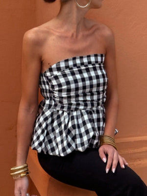 Plaid Splicing Ruffle Strapless Sweet Tank Tops&Camis