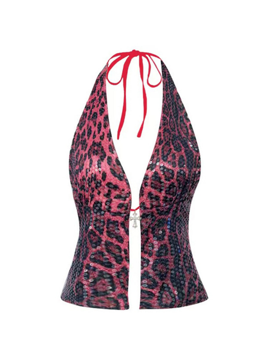 Sequins Leopard Backless Halter Parties Tank Tops