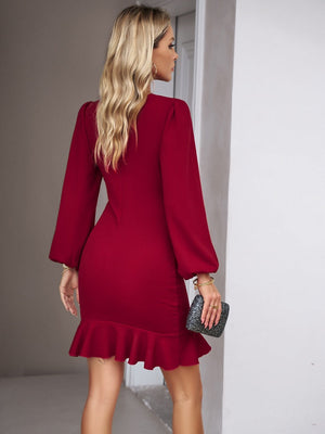 Christmas Puff Sleeve Ruffle Pure Color Mini&Short Dresses