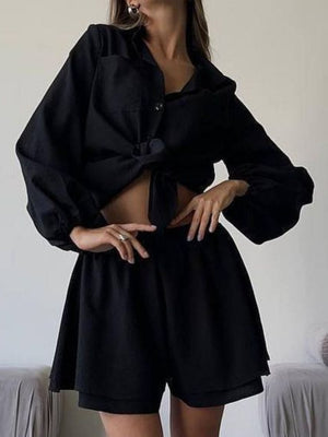 Long-sleeved Top Ruffled Shorts 2-piece Sets