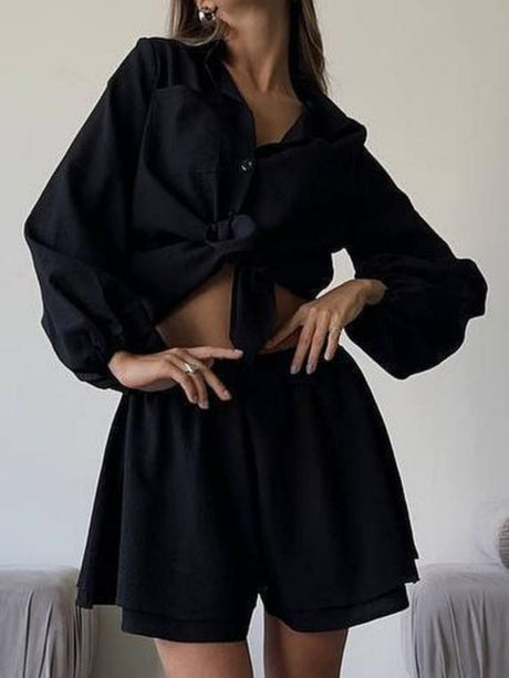 Long-sleeved Top Ruffled Shorts 2-piece Sets