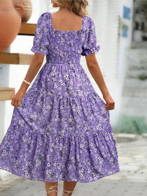 Floral Print Square Neckline And Puff Sleeves Maxi Dresses