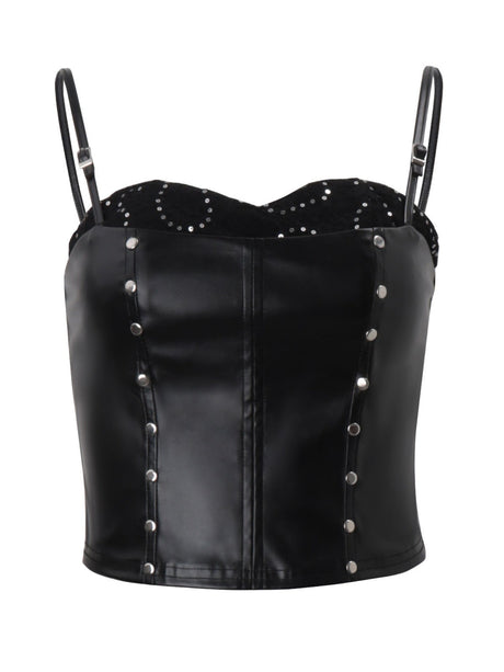 PU Leather Hot-fix Riveting Tank Top Bodycon Skirt 2-piece Sets
