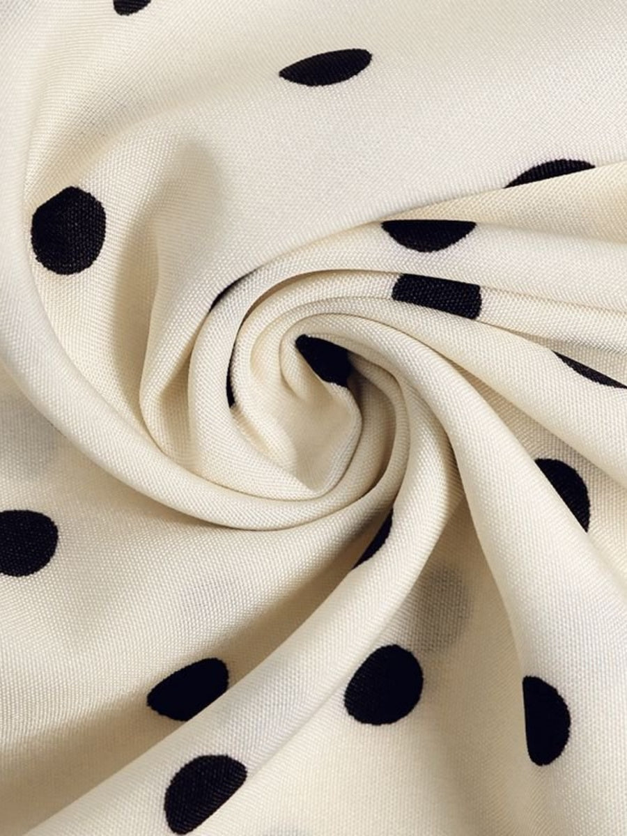 Bow Tie Collar Long Sleeve Waist Polka Dots Midi Dresses