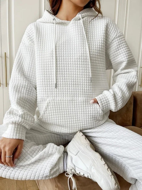 Waffle Drawstring Pocket Round Neck Long Sleeve Hoodie