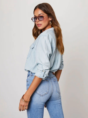 Lapel Single-breasted Long Sleeves Denim Shirt