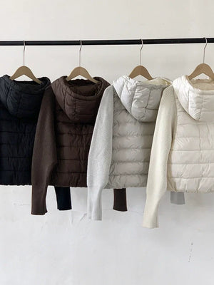 Hooded And Lightweight Cotton-padded Jacket Knitted Sleeves Splicing Short Fake Two Pieces Cotton Clothes